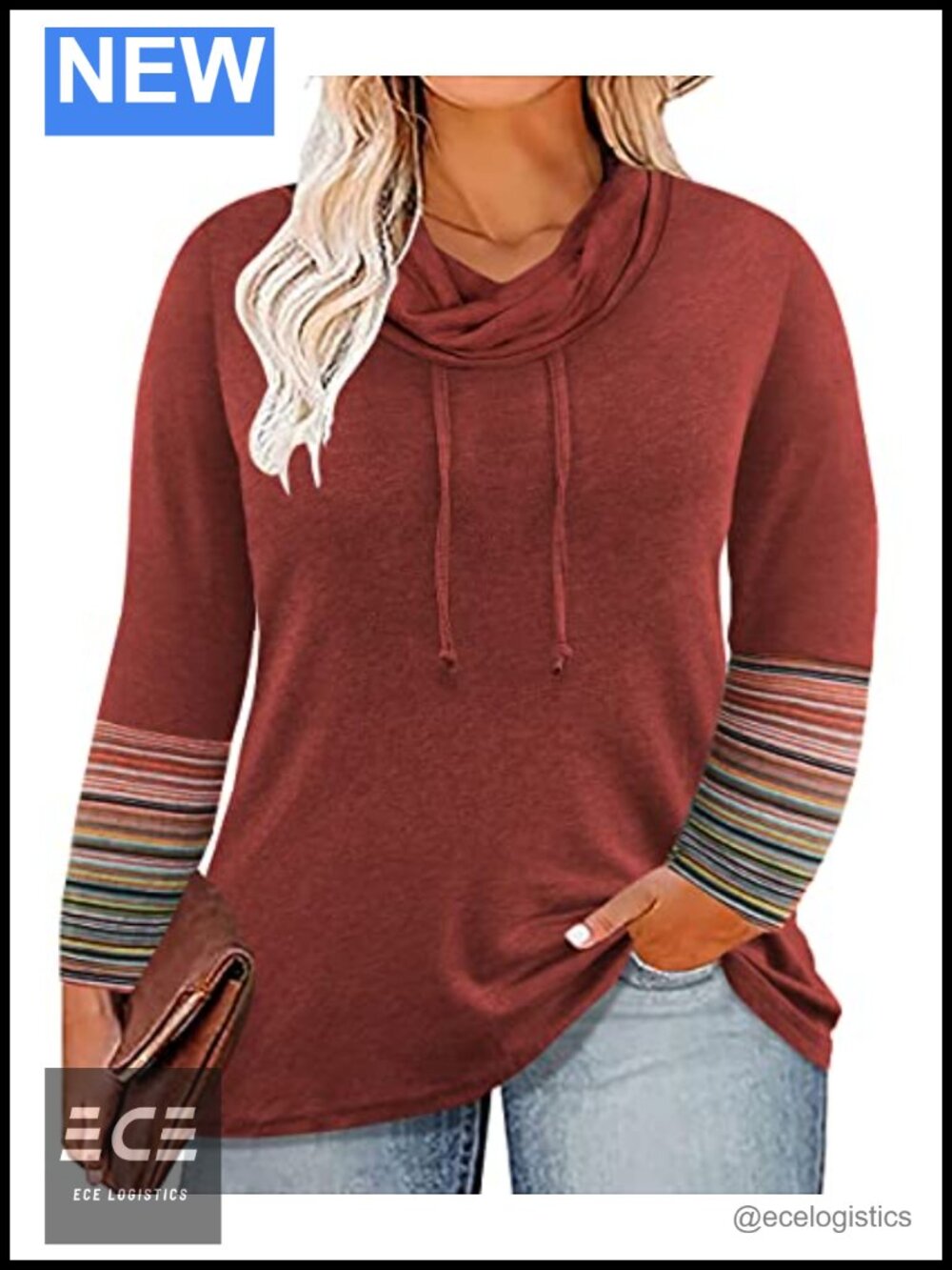 Plus Size Long Sleeve Cowl Neck Tunic Top Drawstring Casual Fall Winter